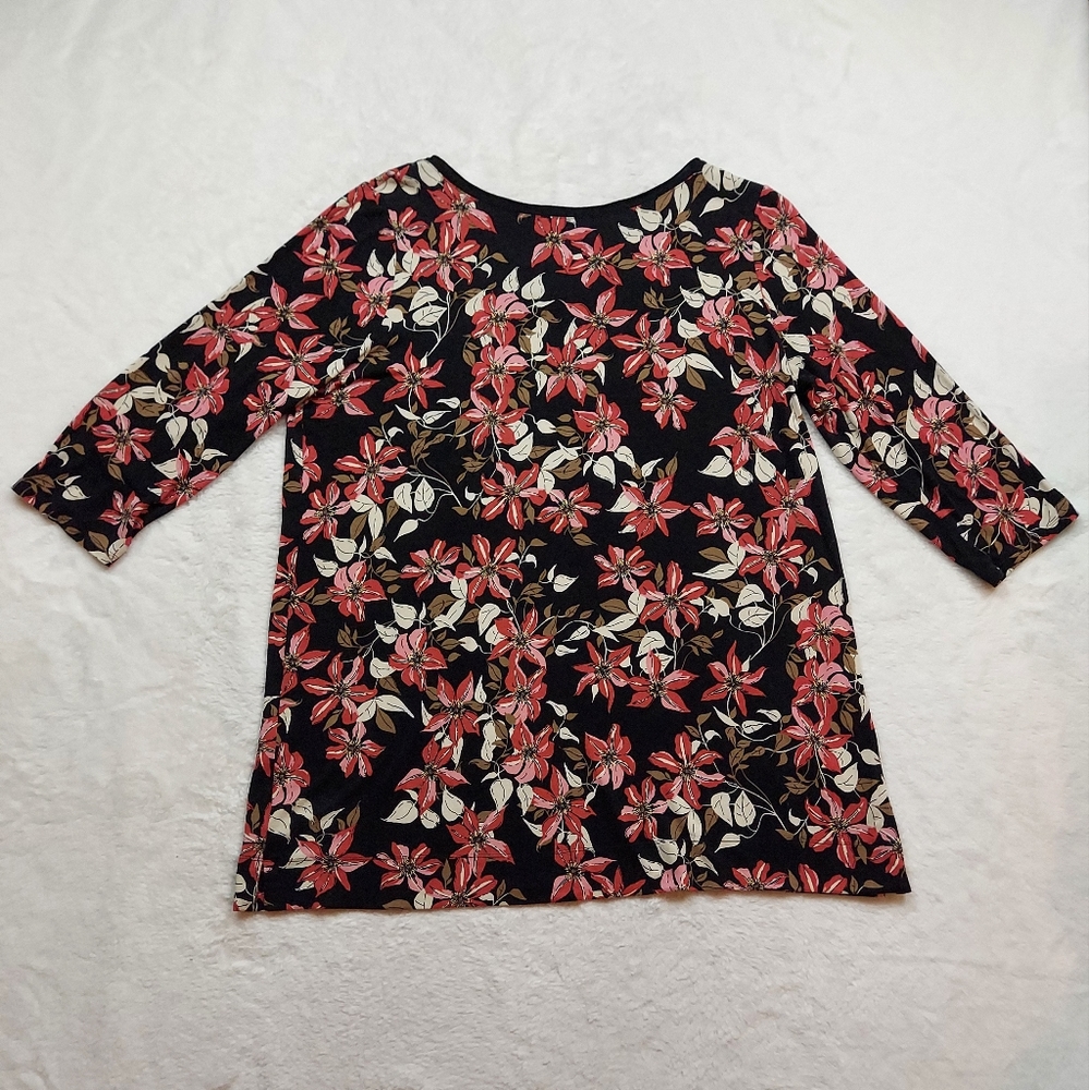 J. Jill Wearever Collection Black Pink Red Floral Long Sleeve Tunic Top Size L